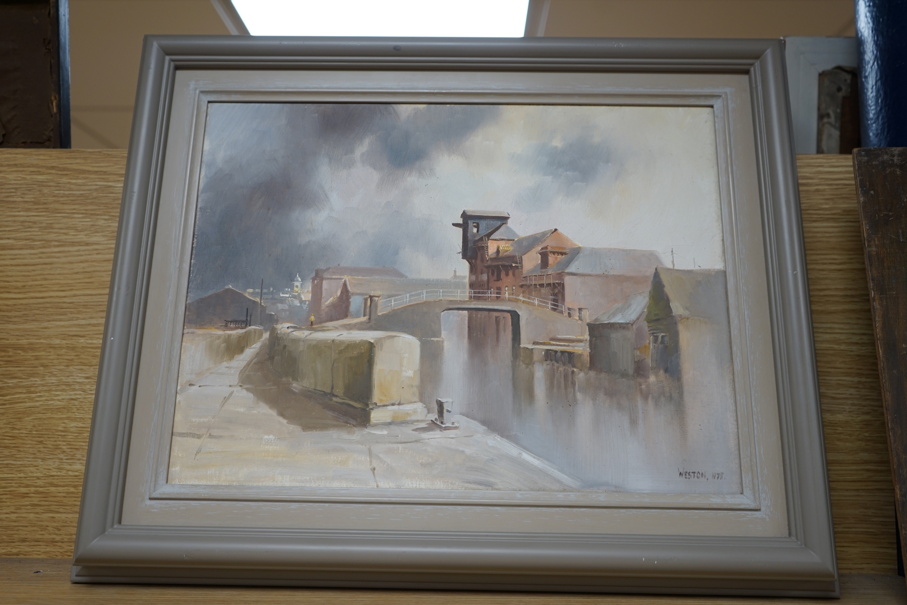 David Weston (1935-2011), oil on canvas, 'View of the Trent and Mersey Canal, Newark', signed and dated 1975, 29 x 39cm. Condition - good, would benefit from a clean
